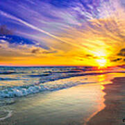 Orange Blue Saturated Sunset-pensacola Beach-bright Sun Poster