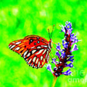 Orange Butterly Against A Funky Green Background Poster
