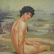 Original Classic Oil Painting Boy Body Art Male Nude Lotus #16-2-4-01 Poster