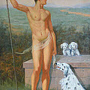 Original Classic Oil Painting Man Body Art-male Nude And Dogs #16-2-4-11 Poster