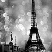 Paris Eiffel Tower Surreal Black And White Photography - Eiffel Tower Bokeh Surreal Fantasy Night Poster