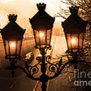 Paris Sepia Street Lanterns Lamps - Paris Sepia Autumn Fall Sparkling Sunset Night Lanterns Poster