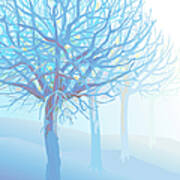 Pastel Blue Trees And Branches In Foggy Poster