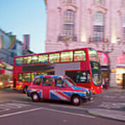 Piccadilly Circus, London Cab And Bus Poster