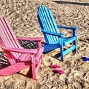 Pink And Blue Beach Chairs With Matching Flip Flops Poster