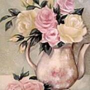 Pink And Yellow Roses In Teapot Painting Poster