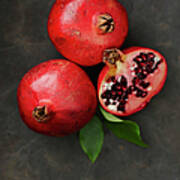 Pomegranates With Leaf, Close Up Poster