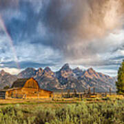 Rainbow On Moulton Barn - Horizontal - Grand Teton National Park Poster