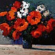 Red Flowers In Blue Vase Painting Poster