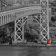 Red Lighthouse And Great Gray Bridge Bw Poster