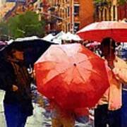 Red Umbrellas In The Rain Poster