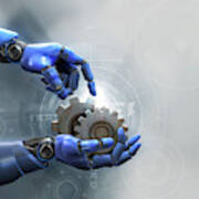 Robotic Arms Holding Metal Cogs Poster