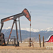 Rocky Mountains Oil Well And Red Barn Panorama Poster