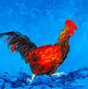 Running Rooster On Blue Background Poster