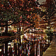 San Antonio Riverwalk Decorated With Shiny Lights At Night Refle Poster
