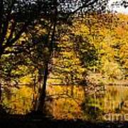 Silhouette Of Girl Playing At Waters Edge Of A Lake In Autumn Poster