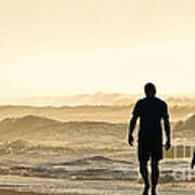 Silhouetted Father And Son Walk Beach Poster