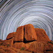 Star Trails Above A Large Boulder Poster