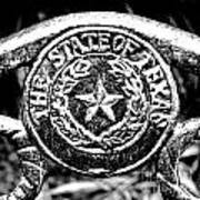 State Of Texas Seal And Lone Star On Iron Fence After Rain Square Format Bw Conte Crayon Digital Art Poster