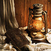 Still Life With Lantern And Old Book Poster