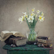 Still Life With Daffodils, Old Books And Snails Poster