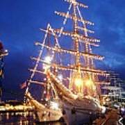 Tall Ships At Night Time Poster