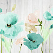 Teal Poppies On Wood Poster