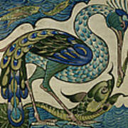 Tile Design Of Heron And Fish Poster