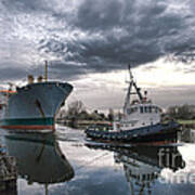 Tugboat Pulling A Cargo Ship Poster