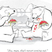 Two Polar Bears Eat Spaghetti And Meatballs.  One Poster