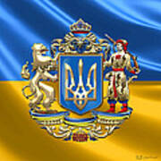 Ukraine - Proposed Greater Coat Of Arms Over Ukrainian Flag Poster