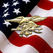 U. S. Navy S E A Ls Emblem Over American Flag Poster
