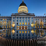 Utah State Capitol In Reflecting Fountain At Dusk Poster