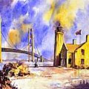 Watercolor Painting Of Ligthouse On Mackinaw Island- Michigan Poster