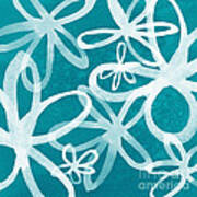 Waterflowers- Teal And White Poster