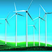Wind Turbines Near Lake In Countryside Poster