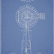 Windmill Patent Drawing From 1889 - Light Blue Poster