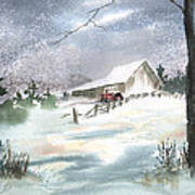 Winter Barn And Tractor Poster