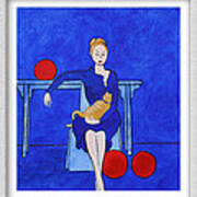 Woman And Yellow Cat With Red Balls Poster