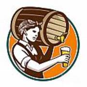 Woman Bartender Pouring Keg Barrel Beer Retro Poster