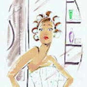 Woman In Curlers And Towel Looking Poster
