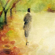Woman Walking Autumn Landscape Watercolor Painting Poster