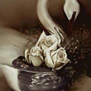 Wooden Swan And Roses Poster