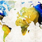 World Map 16 - Yellow And Blue Art By Sharon Cummings Poster