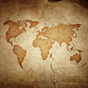 World Map On Aged Paper Texture Poster