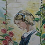 Young Lady And Hollyhocks Poster