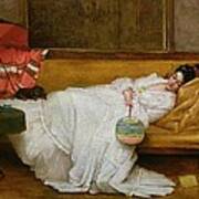 Girl In A White Dress Resting On A Sofa Poster