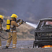 Firefighters Hosing A Burning Car #1 Poster