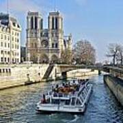 Cathedral Notre-dame De Paris And Pleasure Boat On The Seine River. Paris. France Poster
