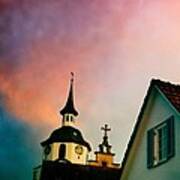 Church And Red Sky At Sunset Poster